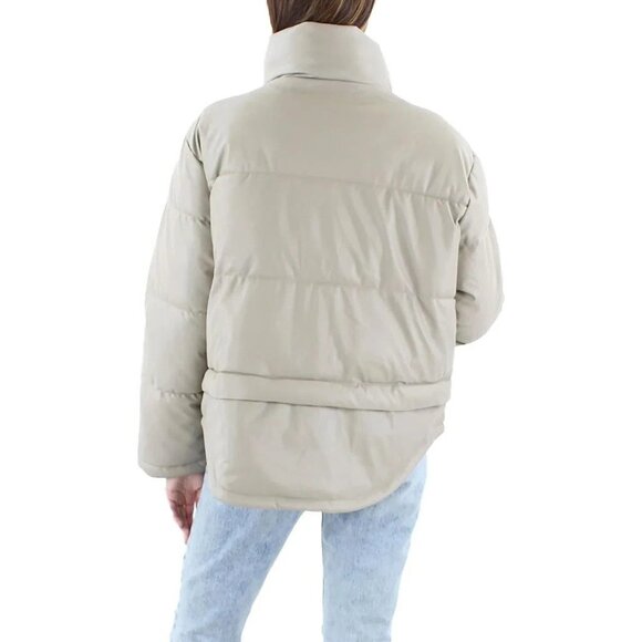 DKNY Jeans Short Puffer Jacket Faux Leather Womens Medium E3HDLP78 Tan Was $189 - Picture 2 of 3